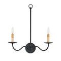 Saxon sconce front view with bulbs lit, showing warm light and Zanzibar black finish
