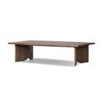 Joette Outdoor Coffee Table with simple angular base and stained saddle brown FSC-certified teak wood