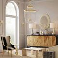 Bower Side Table positioned in a bright, classic-style living room beside a cream sofa and wooden credenza
