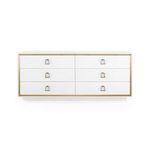 Front view showing symmetrical drawer alignment with brass trapezoidal drawer pulls on white linen finish