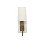 Calla Bookshelf Lamp with white linen shade, bronze hardware, and rectangular white marble base