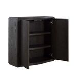 Whole console with both doors fully open showing interior shelving and hardware.