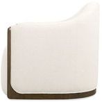Side profile highlighting smooth ivory fabric and dark wood trim along the bottom and armrest