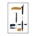 Modern abstract painting with vertical and horizontal brushstrokes in black, mustard, navy blue, and gray on white background