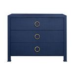 Three-drawer chest in deep navy blue with brass ring pulls and textured finish, modern and timeless design