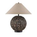 Close-up of black metal lamp base and textured woven orb of Casimer Black Table Lamp