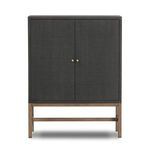 Fiona Bar Cabinet with black woven raffia front, antique brass hardware, and solid mahogany open base