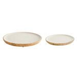 Side profile of two plates showing thickness and wood grain of mango wood rims with white enamel surface