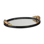 Round mirrored tray with black alligator texture frame and two golden alligator figurines on opposite sides