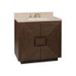 Morombe 36 inch bathroom vanity in deep distressed cocoa wood with geometric embedded squares and travertine countertop