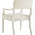 Rear view of Ridge Dining Arm Chair showing the back upholstery and subtly curved back legs