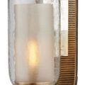 Close-up focusing on textured clear outer glass and antique finish gold ribbed iron frame