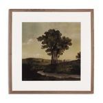 Square painting titled Tapisserie IV - 02 by Hannah Winters depicting a rustic landscape with tall trees near a winding st...