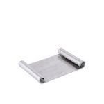 Brushed aluminium scroll tray angled slightly to show depth and rolled edges from side