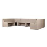 Side angle showing cushioned seating area and short armrest on left side of banquette