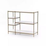 Lily Console Table with white marble tops and antique brass slim iron frame in an asymmetrical shelving design