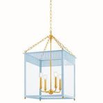 Side angle of Soft Arctic Blue Rosalie Lantern highlighting brass hanging chain and rounded light bulb sleeves