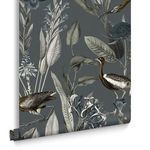 Glasshouse Wallpaper close-up of birds and flowering botanical details on rolled wallpaper edge