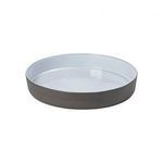 Round white bowl with smooth glazed interior and matte gray exterior, shallow with slightly raised edges