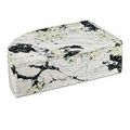 Angled side view showing rectangular shape with one distinct curved edge and swirling granite-like pattern
