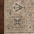 Leigh Dove Multi Rug with beige background, distressed traditional motifs in muted blue, rust, and black, textured polyest...