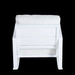 Rear view highlighting solid panel back and cushion of white rocking chair