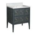 Full vanity with marble backsplash and vintage navy finish captured from left front angle