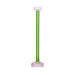 Tall slender glass candle holder with green stem and pink base and top