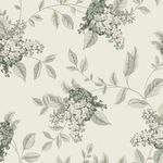 Wallpaper with trailing stems of lilac flowers and clustered white and muted green flowerheads on leafy branches