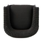 Top-down view inside basket-like woven frame and plush cushioned seat