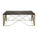 Square coffee table with cerused oak slatted top and metal base with intersecting bars forming geometric shapes