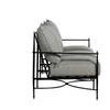 Side view of the sofa displaying thick seat and back cushions with thin metal armrest and frame