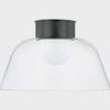 Side profile of Lakeside Flush Mount highlighting smooth curve of clear glass and cylindrical metal canopy