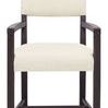 Driftwood chair front view emphasizing upholstery and straight wooden armrests
