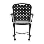 Straight-on front view showcasing chair’s lattice back and padded seat