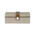 Front view of Steven Box showcasing brass strap centered with white knob.