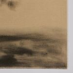 Close-up of bottom corner canvas texture and black shadowed landscape with brass tack
