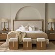 Kendall Bed styled in modern bedroom with wooden nightstands, lamps, and three small textured stools