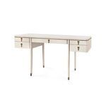 Modern Lanna desk in straight grain oak with soft closing glide drawers and bronze accents.