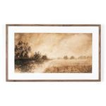 Painting presented in natural light over a cozy bedroom setting with layered bedding