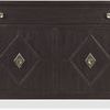 Front view of Driftwood Hall Chest highlighting symmetrical diamond door patterns and brass pulls.