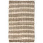 Handwoven natural jute area rug in beige with white horizontal stripes and coiled braided texture