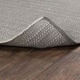 Corner of rug slightly lifted to reveal dense woven backside and edge binding