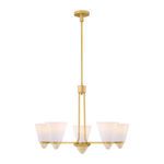 Kohlman chandelier angled downward with warm brass finish and glowing opal glass shades