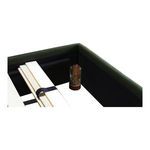 Close-up showing Luzon Bed corner with metal joint and fabric wrapped frame