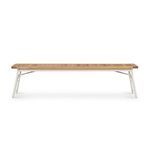 Front view showing horizontal wooden slats on seat and matte ivory metal bench legs