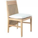 Savannah Teak Extended Back Side Chair with woven back and seat panel, teak frame, and white seat cushion