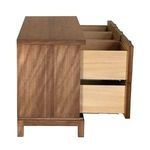 Side view showing two drawers of Musashi Walnut console table pulled out revealing light wood interiors