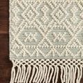 Detailed view of rug corner with elevated tufted geometric pattern and twisted fringe on dark wood floor