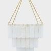 Front view of chandelier with evenly spaced alabaster panels and symmetrical aged brass chain